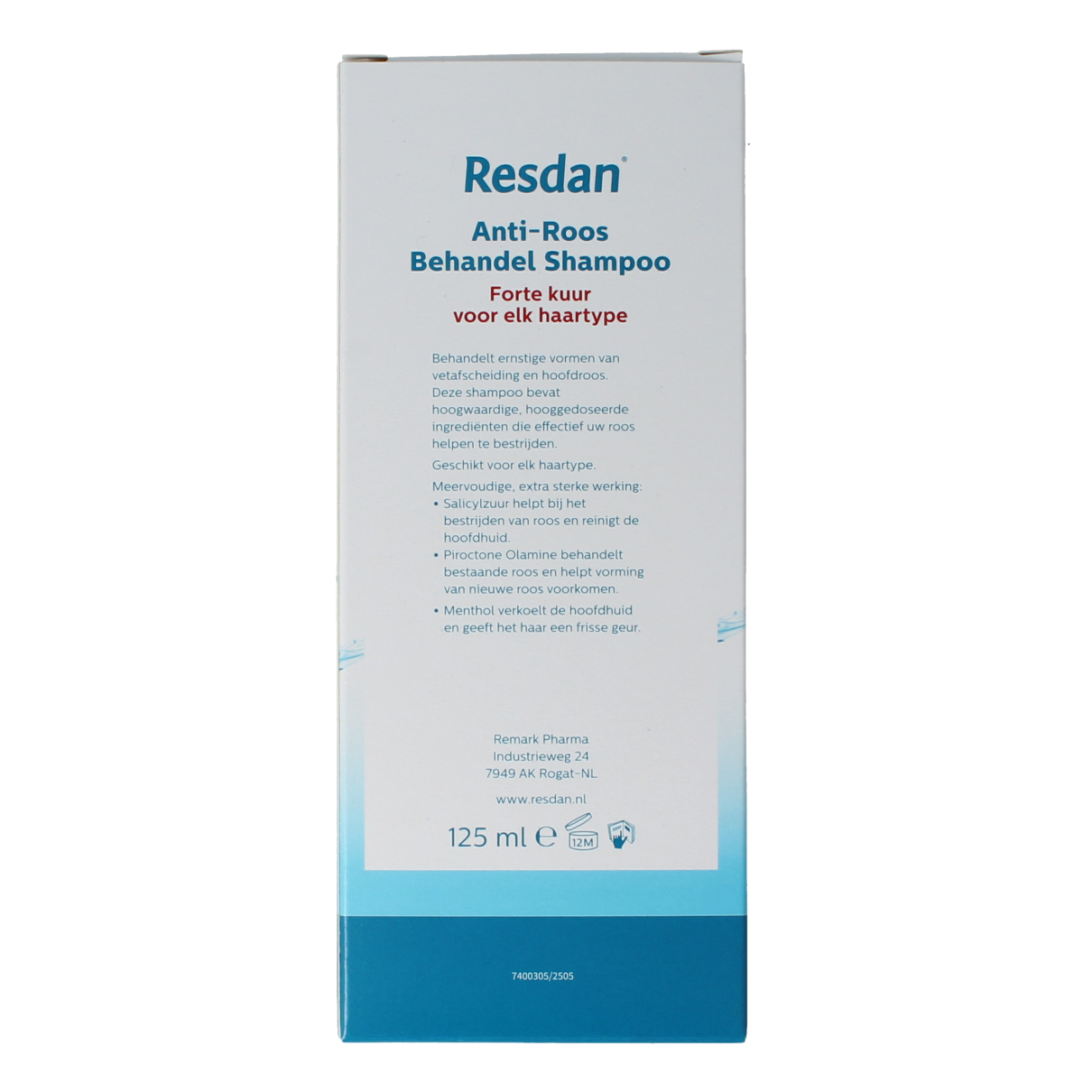 Resdan Anti-Dandruff Shampoo Forte 125ml bottle, featuring nourishing hair care for scalp health and dandruff control.