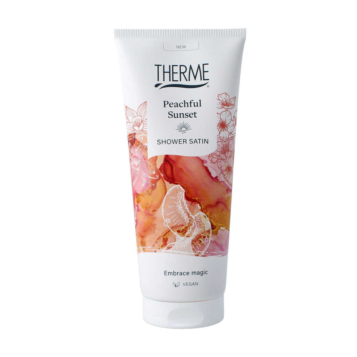 Therme Peachful Sunset shower gel in satin 200ml, featuring peach and sunset-inspired fragrance in a sleek bottle.