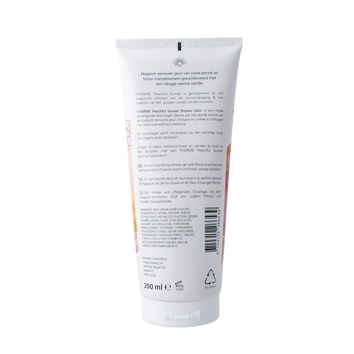 Therme Peachful Sunset Shower Satin bottle, 200ml, luxurious bath and shower product with peach scent and silky texture.