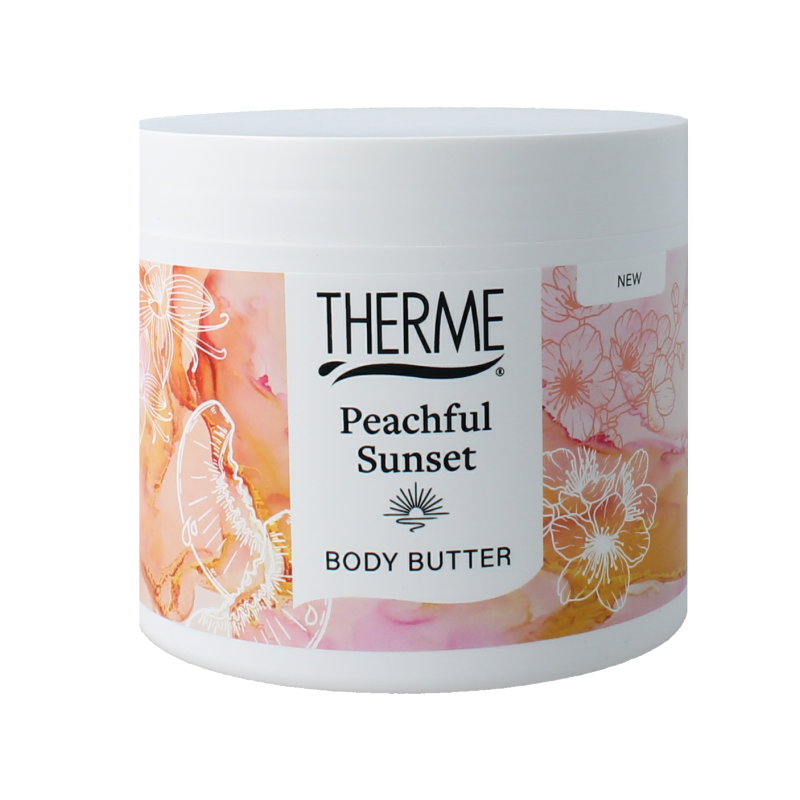 Therme Peachful Sunset body butter in 225g jar, creamy moisturizing body care with peach and sunset-inspired scent.