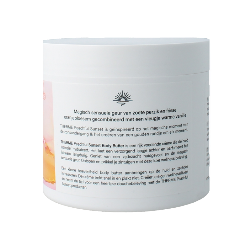 Therme Peachful Sunset body butter in 225g jar, creamy moisturizer with peach and sunset scent, for soft skin.
