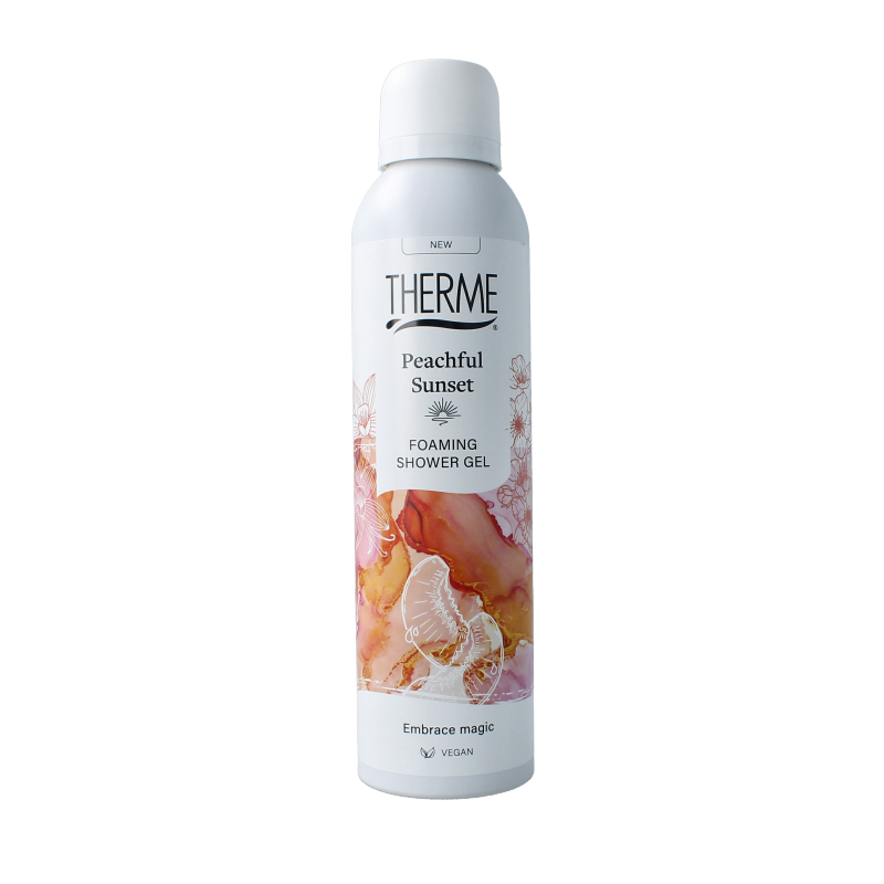 Therme Peachful Sunset foaming shower gel in 200ml bottle, featuring peach and sunset scent, for a luxurious shower experience.