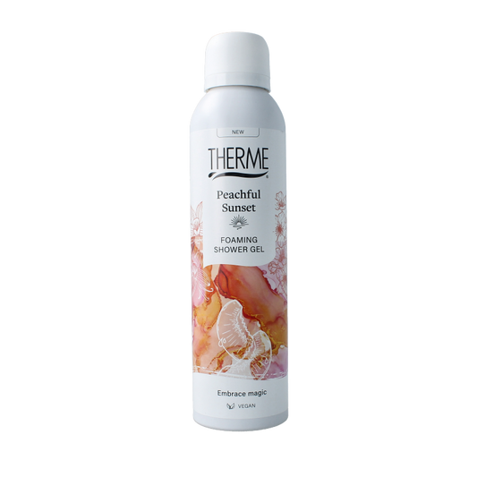 Therme Peachful Sunset foaming shower gel in 200ml bottle, featuring peach and sunset scent, for a luxurious shower experience.