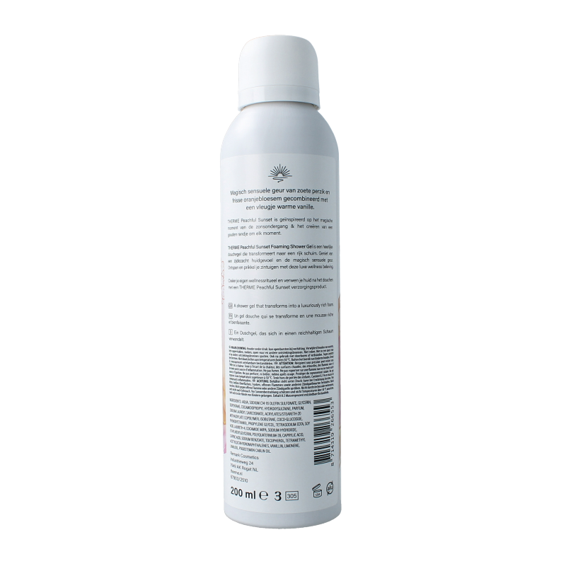Therme Peachful Sunset foaming shower gel in 200ml bottle, featuring a peach and sunset design on the packaging.