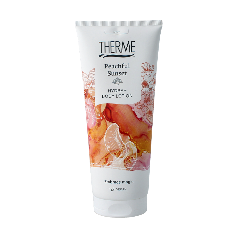 Therme Peachful Sunset Hydra+ body lotion in 200ml bottle, moisturizing body care with peach scent, natural skincare product.