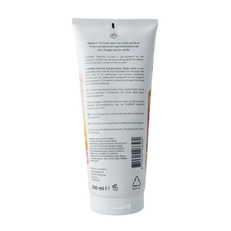 Therme Peachful Sunset Hydra+ body lotion 200ml bottle with peach and sunset design for moisturizing skin.