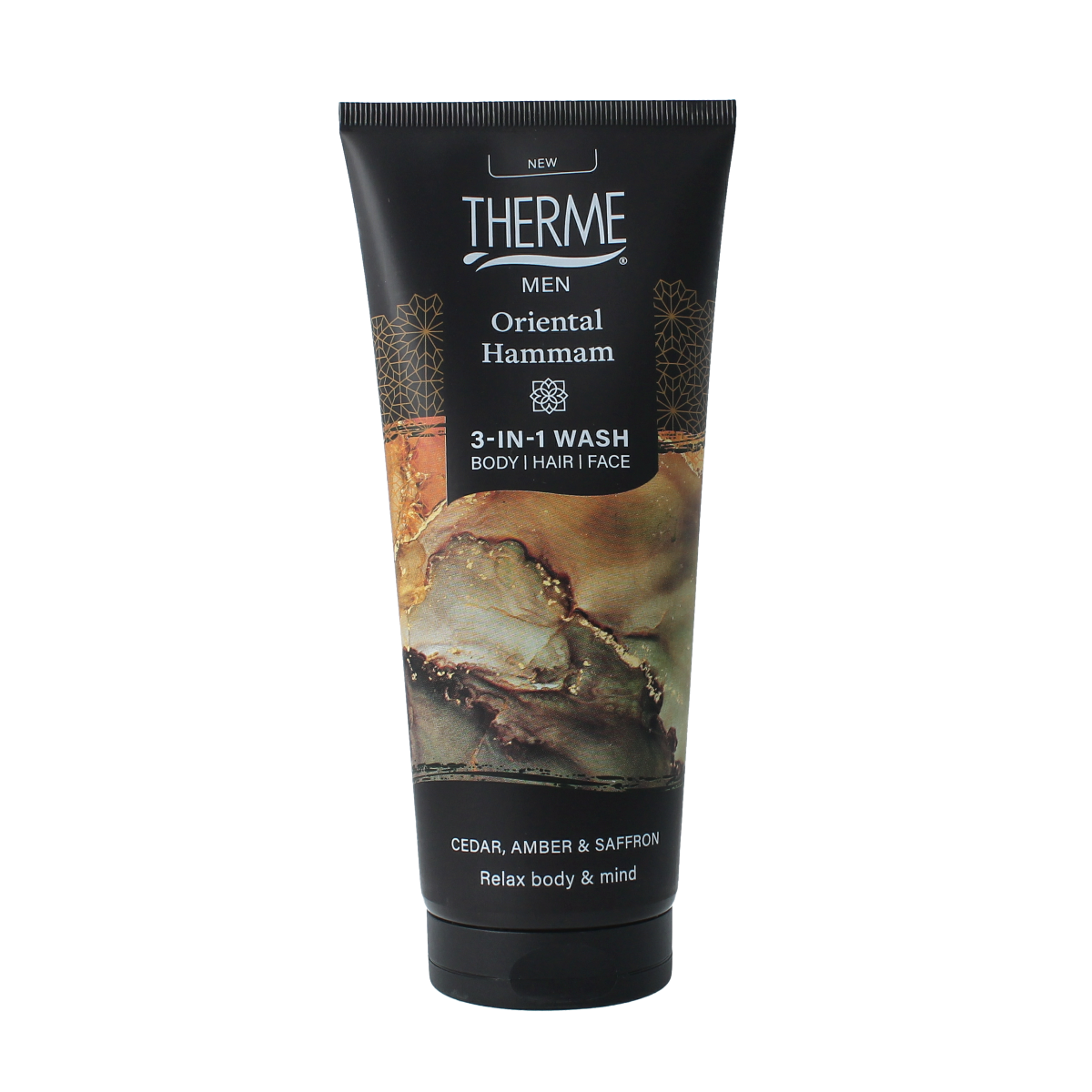Therme Oriental hammam 3-in-1 wash bottle showing the product label and pump dispenser for bath and shower use.