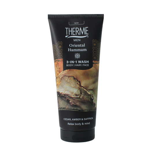 Therme Oriental hammam 3-in-1 wash bottle showing the product label and pump dispenser for bath and shower use.