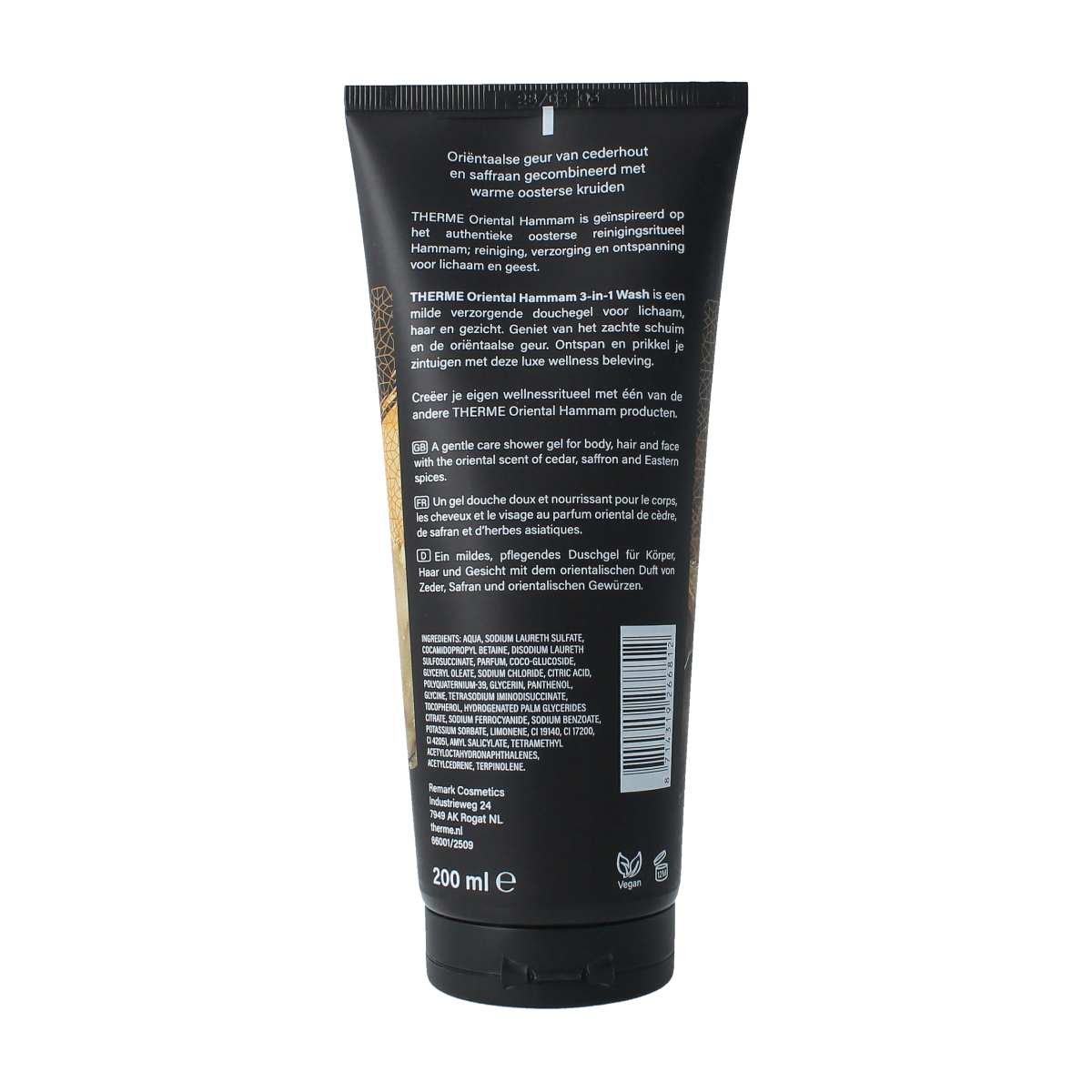 Therme Oriental 3-in-1 wash bottle for bath and shower, 200ml, featuring natural ingredients and elegant design.