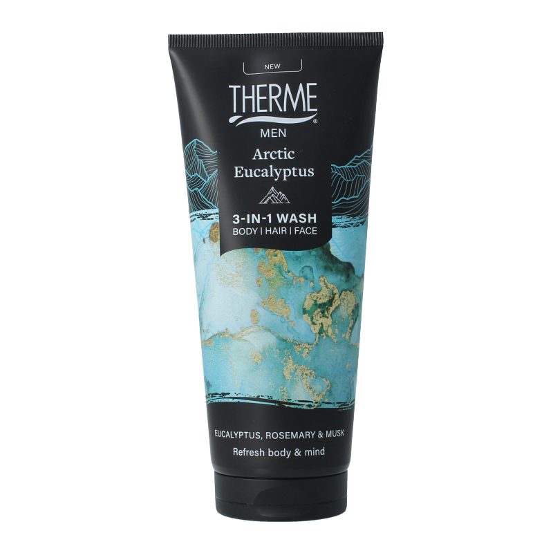 Therme Arctic Eucalyptus 3-in-1 wash for bath and shower, 200ml bottle with eucalyptus scent and refreshing design.