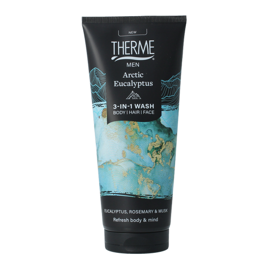 Therme Arctic Eucalyptus 3-in-1 wash for bath and shower, 200ml bottle with eucalyptus scent and refreshing design.