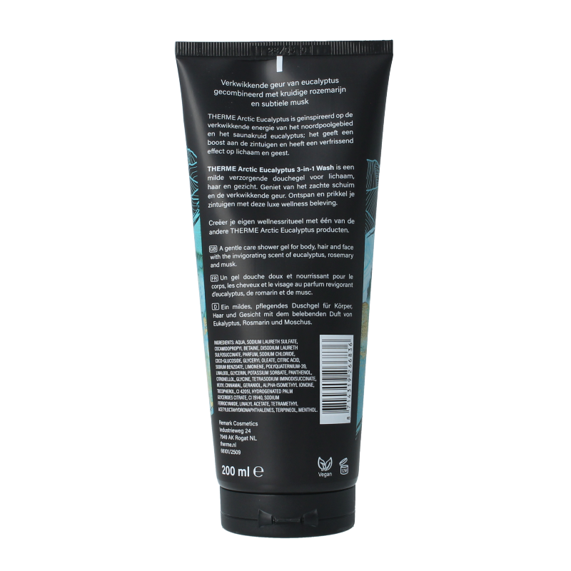 Therme Arctic Eucalyptus 3-in-1 wash bottle for bath and shower, 200ml, featuring a sleek design with eucalyptus scent.