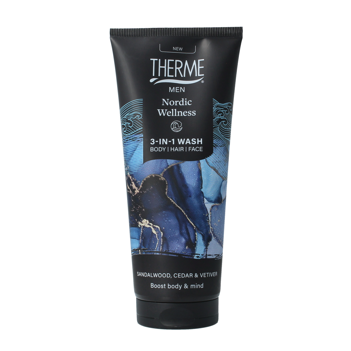 Therme Nordic Wellness 3-in-1 wash bottle showing label and product packaging for bath and shower use.