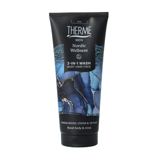 Therme Nordic Wellness 3-in-1 wash bottle showing label and product packaging for bath and shower use.