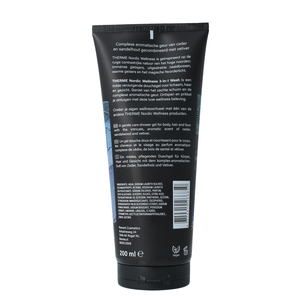 Therme Nordic Wellness 3-in-1 wash bottle, 200ml, for bath and shower, with sleek design and natural ingredients.