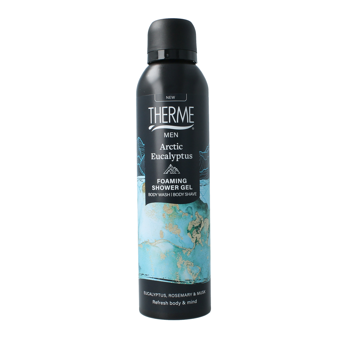 Therme Arctic eucalyptus foaming shower gel in 200ml bottle, featuring a sleek packaging and a fresh eucalyptus scent.