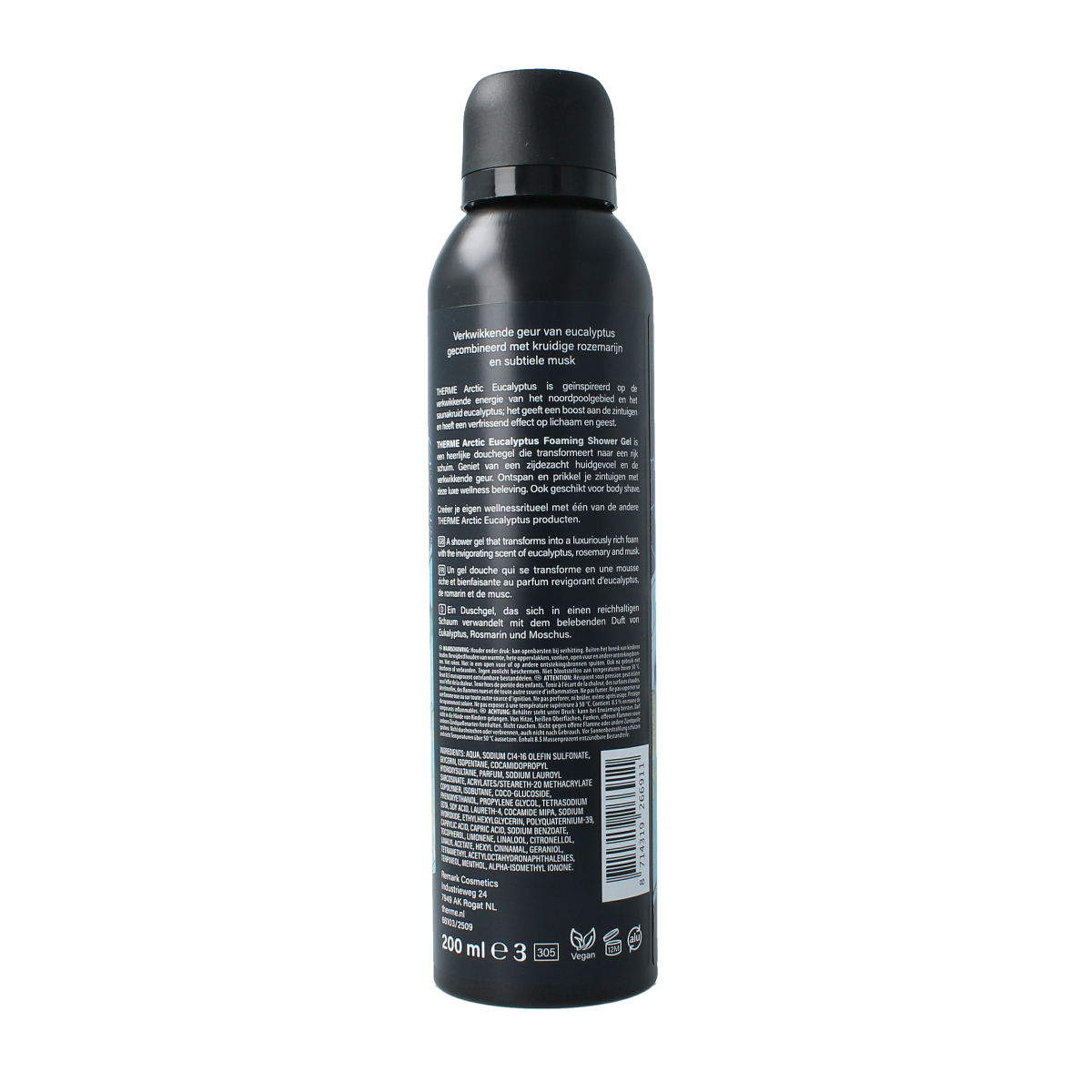 Therme Arctic eucalyptus foaming shower gel in 200ml bottle, featuring a sleek design and botanical-inspired label.