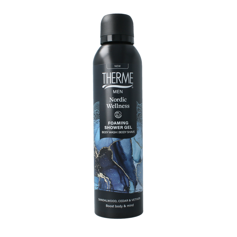 Therme Nordic Wellness foaming shower gel 200ml, Bad en Douche product with a sleek bottle and label, ideal for refreshing showers.