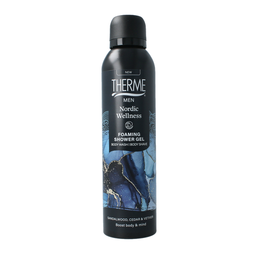 Therme Nordic Wellness foaming shower gel 200ml, Bad en Douche product with a sleek bottle and label, ideal for refreshing showers.