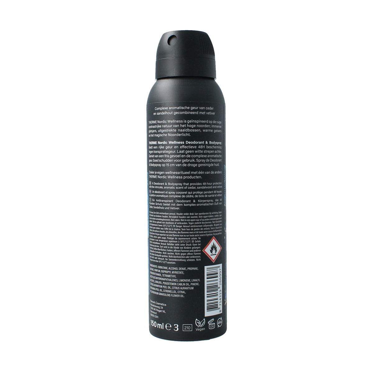 Therme Nordic Wellness deodorant and body spray 150ml bottle, featuring sleek design and lightweight spray nozzle.