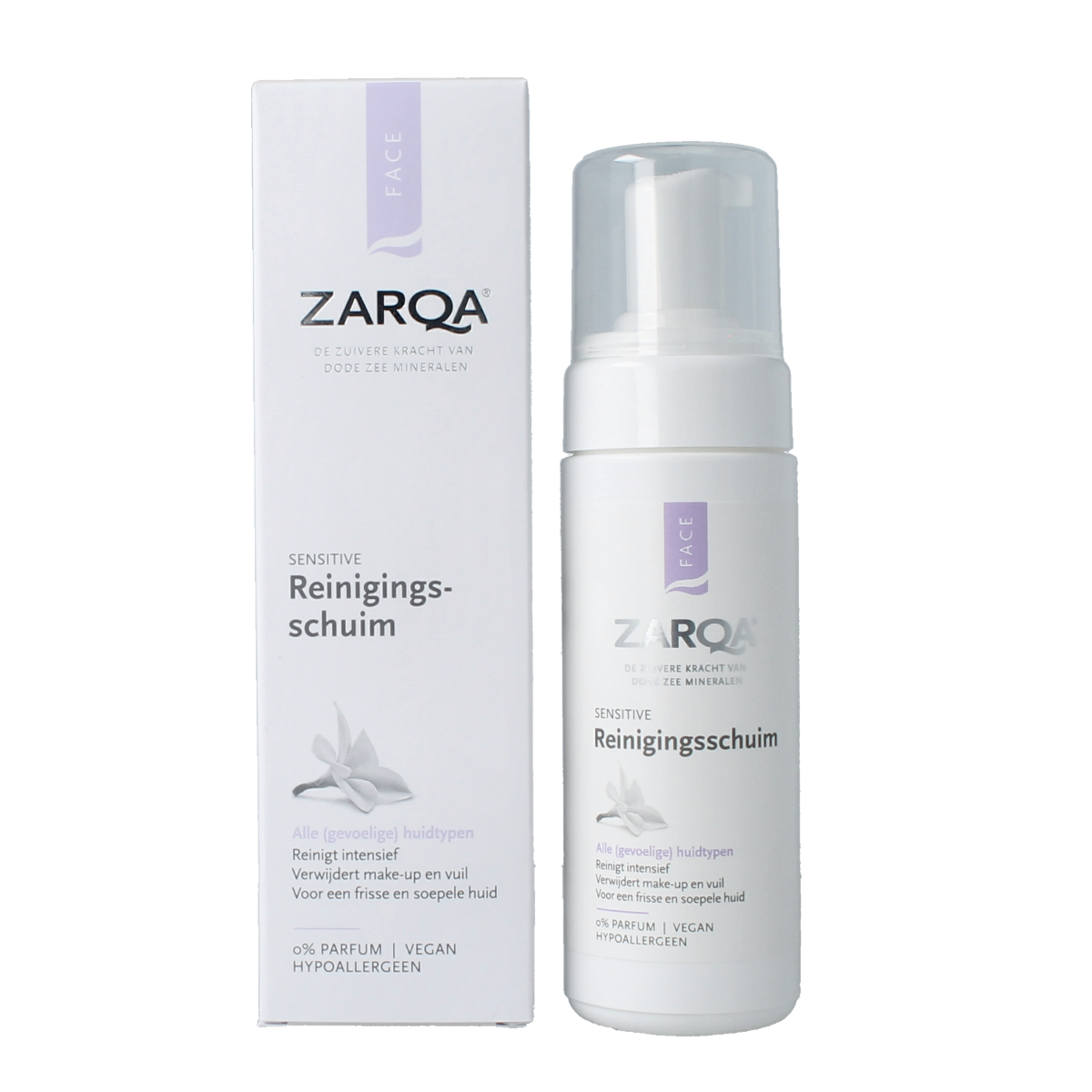 Zarqa Face reinigingsschuim sensitive in 150ml bottle, gentle facial cleansing foam for sensitive skin.