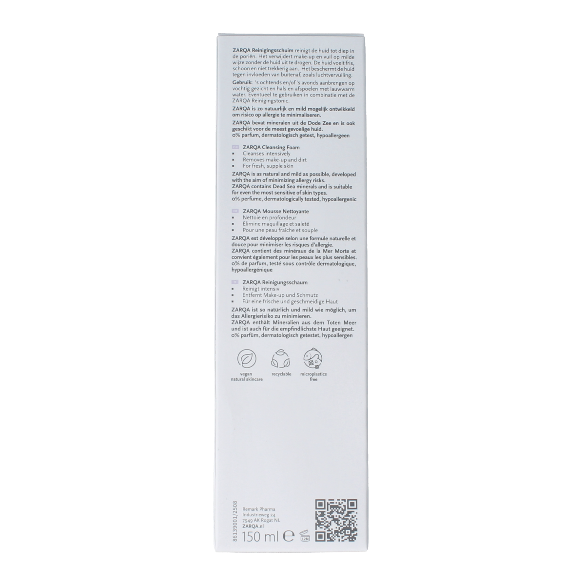 Zarqa Face reinigingsschuim sensitive 150ml, gentle facial cleansing foam for sensitive skin, in a white bottle with blue accents.