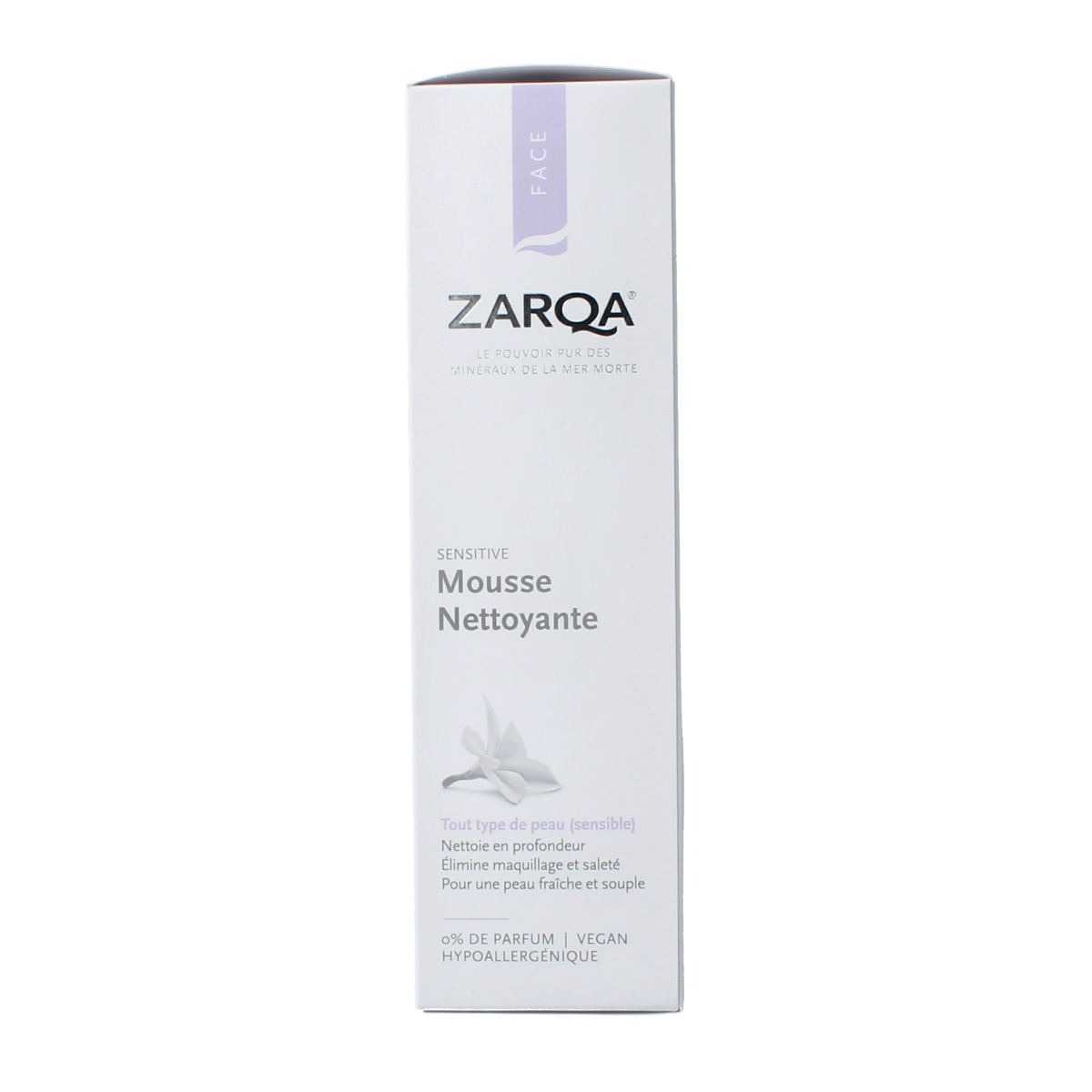 Zarqa Face reinigingsschuim sensitive 150ml, gentle facial cleansing foam in a white bottle with a pump dispenser.