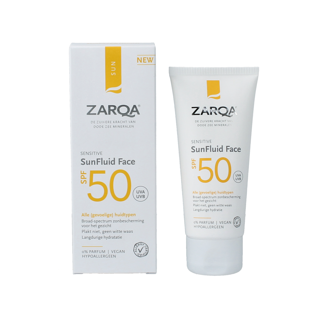Zarqa Sunfluid SPF50 sensitive sunscreen lotion in 50ml bottle, designed for sensitive skin, with a smooth, lightweight texture.