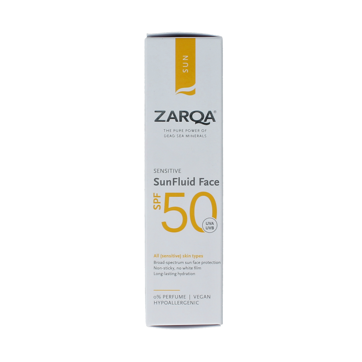 Zarqa Sunfluid SPF50 sensitive sunscreen lotion in 50ml bottle, suitable for sensitive skin, with SPF protection.