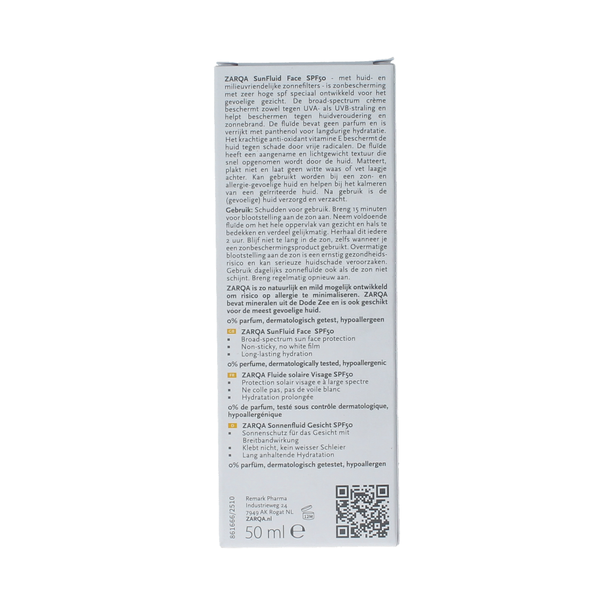 Zarqa Sunfluid SPF50 sensitive sunscreen in 50ml bottle, featuring a smooth, lightweight texture for sensitive skin protection.