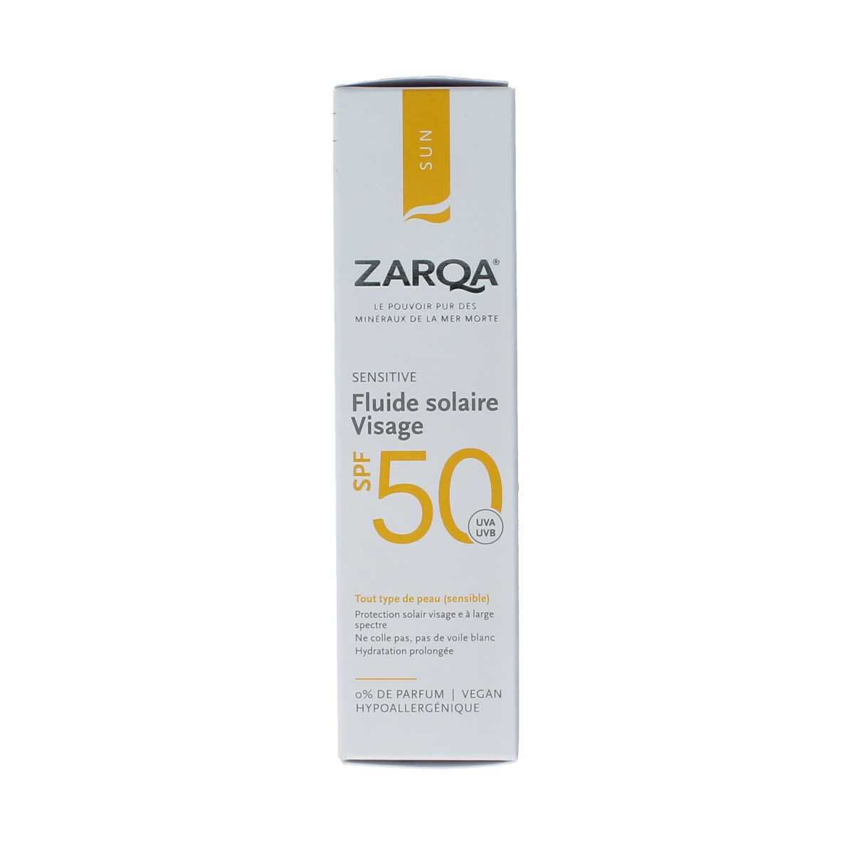 Zarqa Sunfluid SPF50 sensitive sun lotion in 50ml bottle, broad-spectrum sunscreen for sensitive skin, with a lightweight, protective formula.