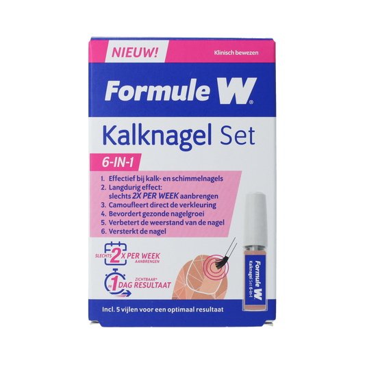 Formule W Kalknagel 6-in-1 set for toenail care, includes tools for treating and caring for fungal nails.