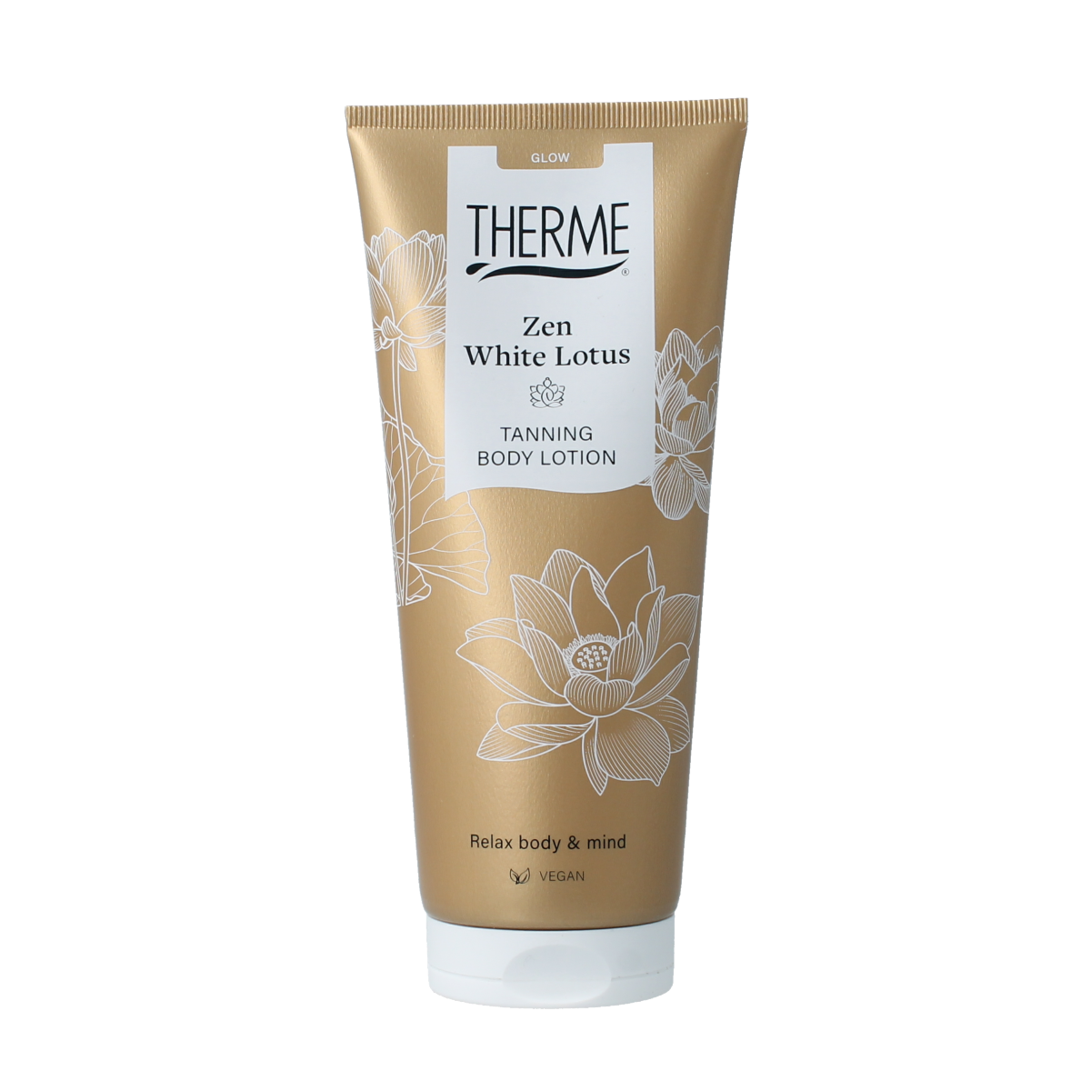 Therme Zen white lotus tanning body lotion 200ml bottle, smooth lotion with white lotus scent, for sunless tanning and moisturizing.