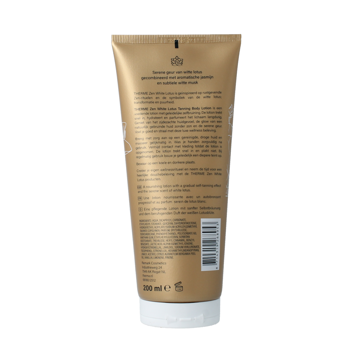 Therme Zen White Lotus tanning body lotion 200ml, bottle with white lotus flower design, for sunless tanning and skin hydration.