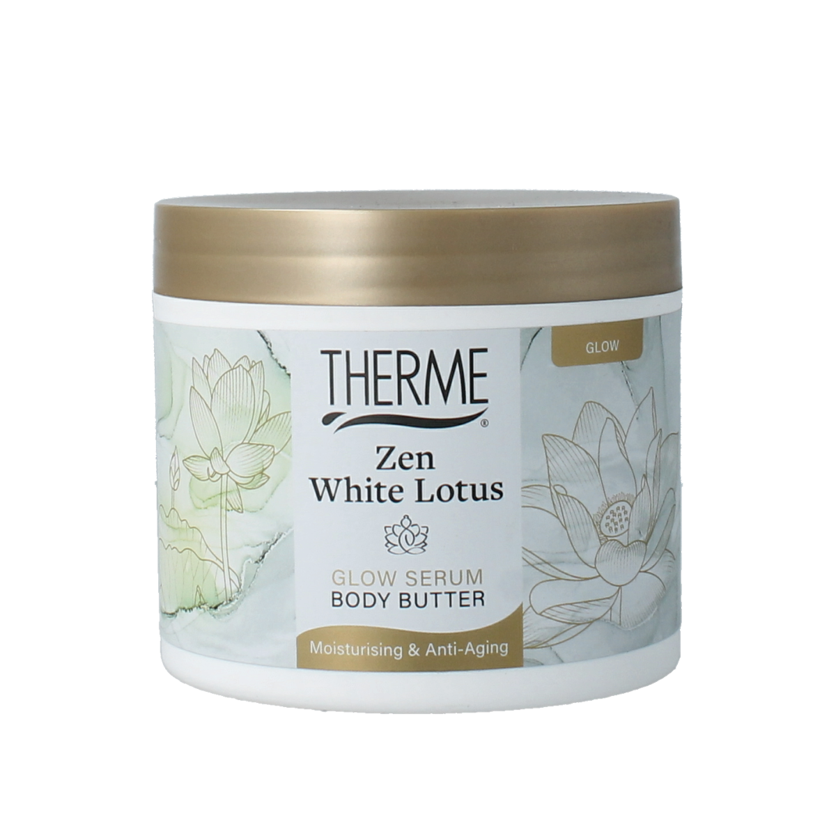 Therme Zen white lotus glow serum body butter in 225g jar, smooth cream with white lotus scent for nourishing body care.