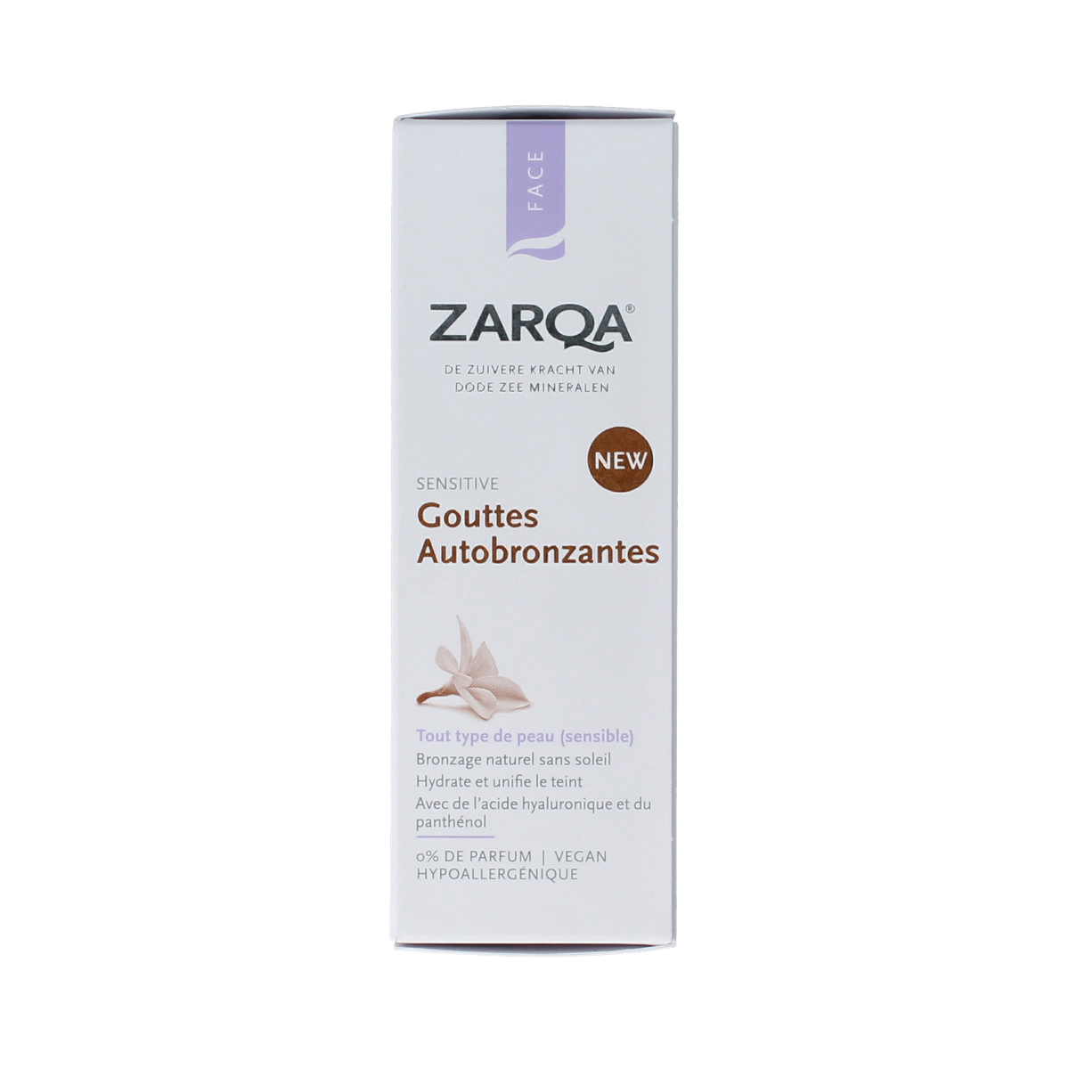 Zarqa Tanning Drops Sensitive 30ml bottle with dropper for natural sunless tanning, displayed against a white background.