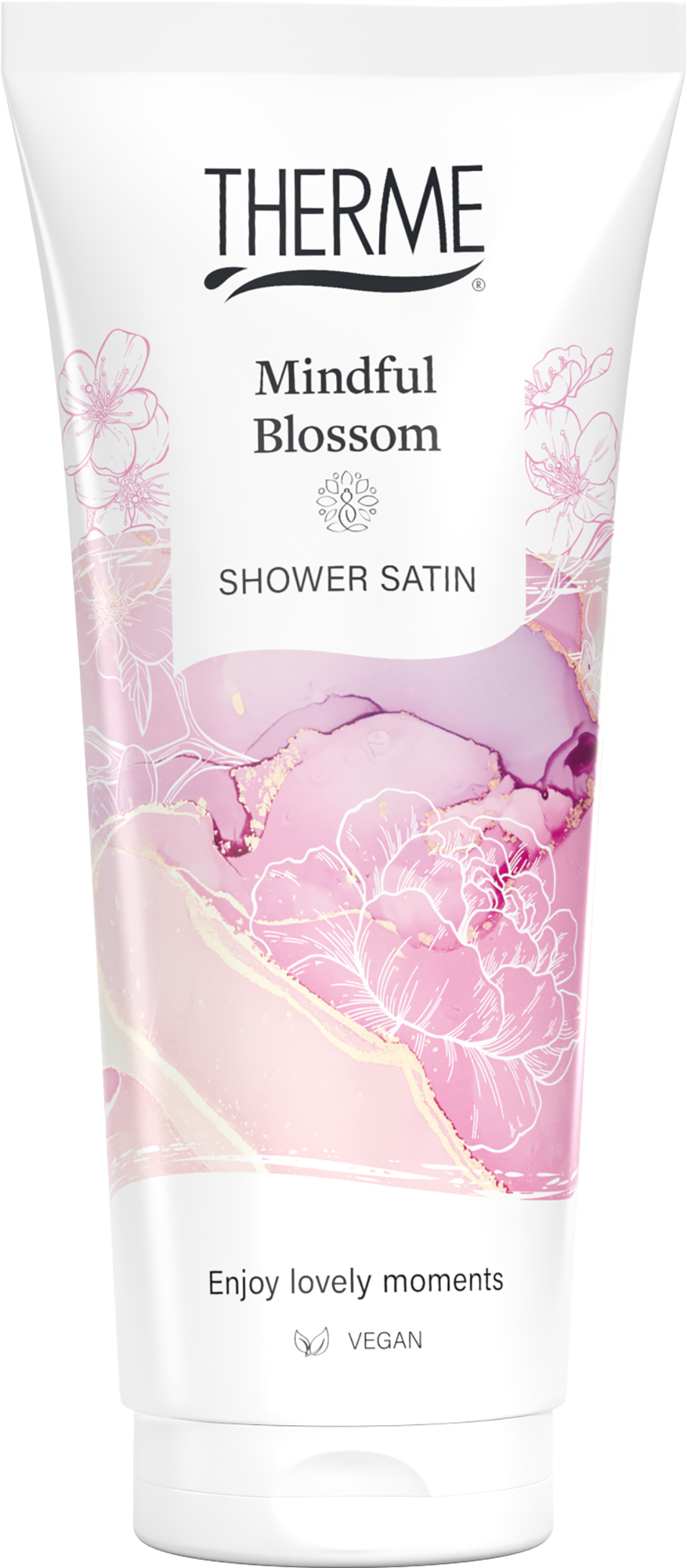 Therme Mindful Blossom shower satin bottle, 200ml, body care product with floral design and elegant packaging.