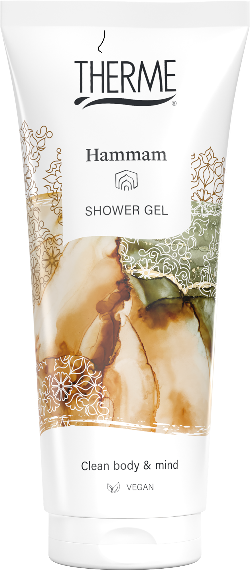 Therme Hammam shower gel in 200ml bottle, gentle outer care product with a soothing, aromatic formula for daily cleansing.