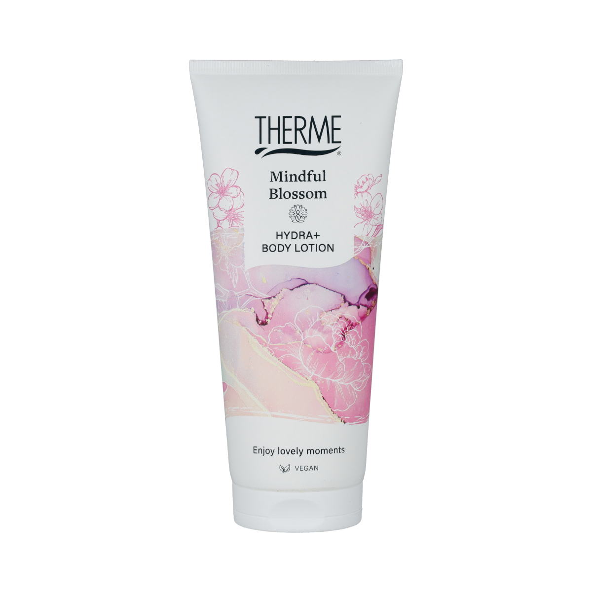 Therme Mindful Blossom Body Lotion 200ml bottle with floral design and pump dispenser, skincare product for hydration and gentle care.