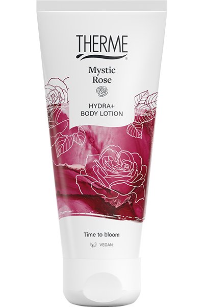 Therme Mystic Rose Hydra+ body lotion in 200ml bottle, moisturizing skincare product from Therme with rose fragrance.