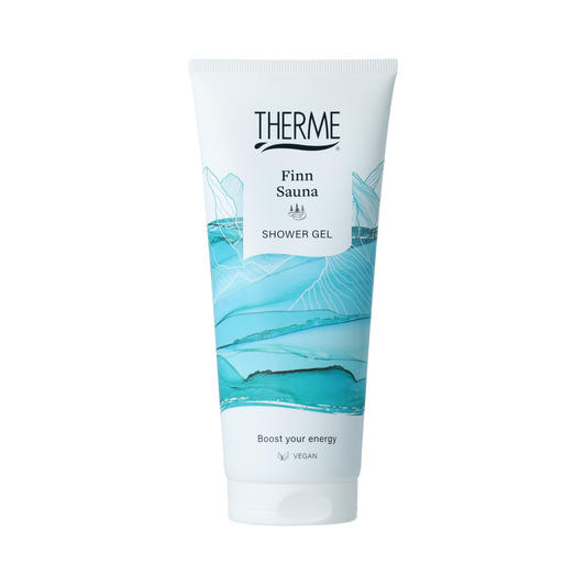 Therme Finn Sauna Shower Gel 200ml bottle featuring a sleek design for body care and cleansing.