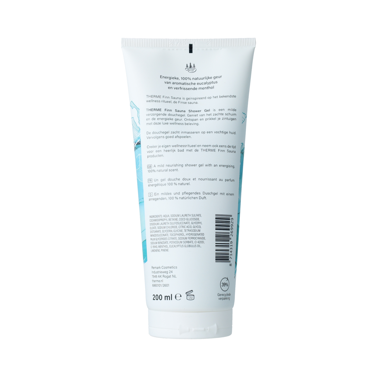 Therme Finn Sauna Shower Gel in 200ml bottle, a body care product with soothing sauna-inspired scent and gentle cleansing formula.
