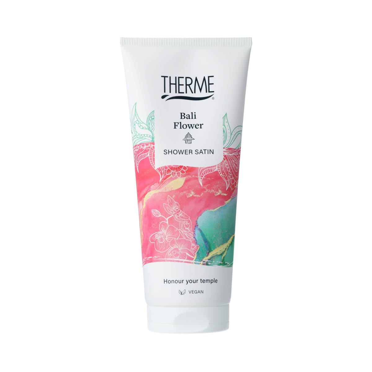 Therme Bali Flower Shower Satin bottle, 200ml, a luxurious bath and shower product with floral scent and elegant packaging.
