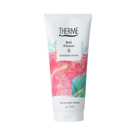 Therme Bali Flower Shower Satin bottle, 200ml, a luxurious bath and shower product with floral scent and elegant packaging.