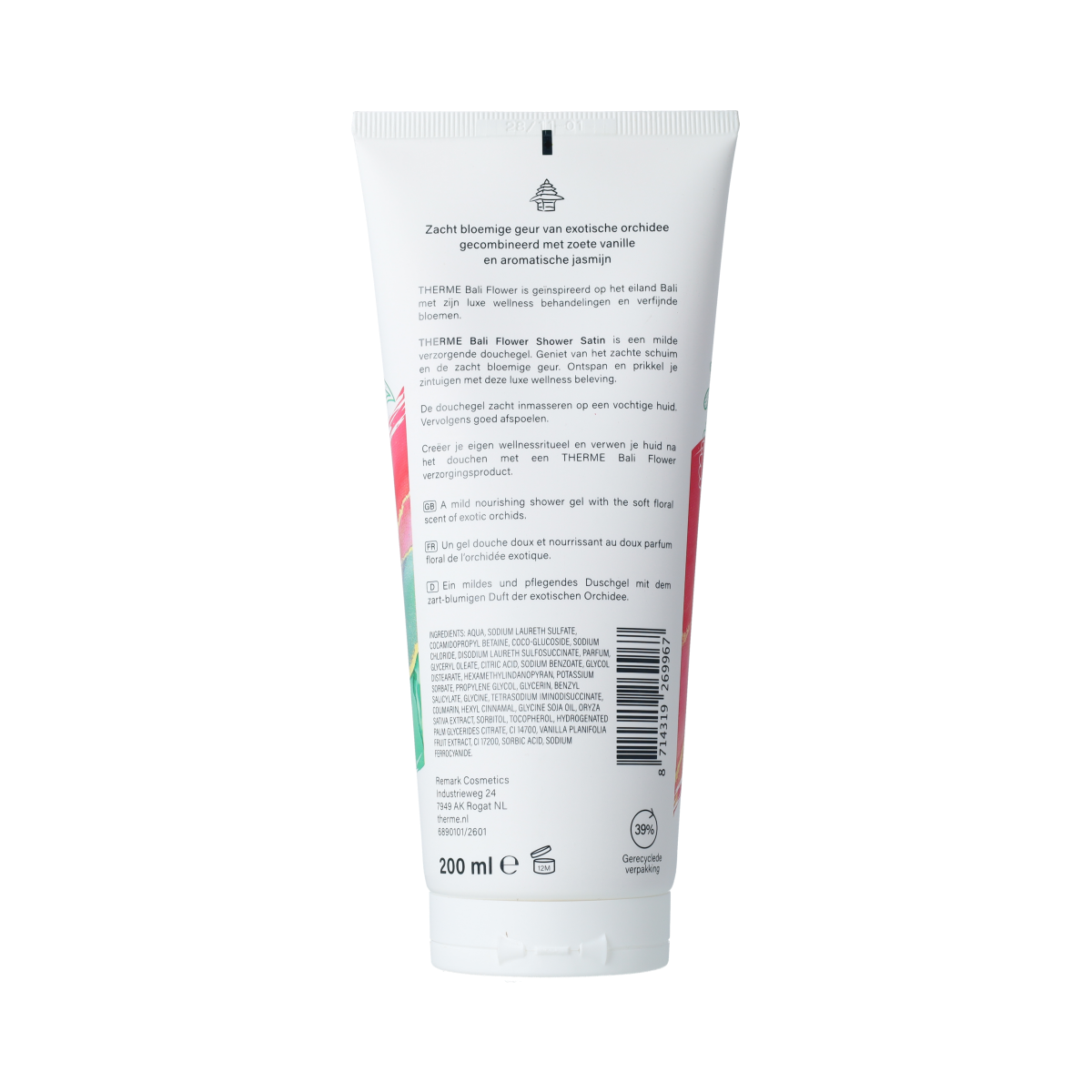 Therme Bali Flower Shower Satin 200ml bottle for bath and shower, featuring floral design and sleek packaging.