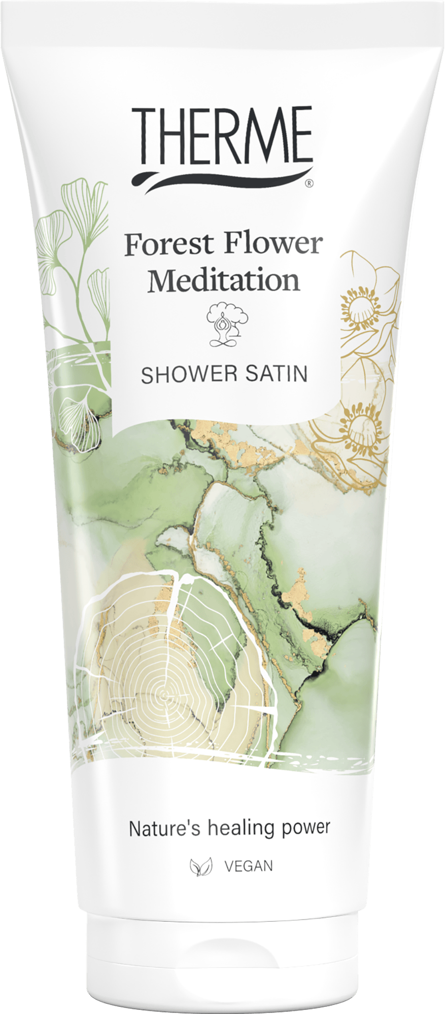 Therme Forest Flower Meditation Shower Satin bottle, 200ml, soothing body care product with floral scent, for relaxing shower experience.