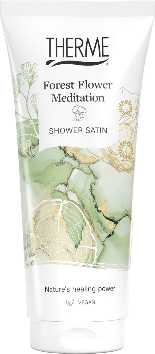 Therme Forest Flower Meditation Shower Satin bottle, 200ml, soothing body care product with floral scent, for relaxing shower experience.