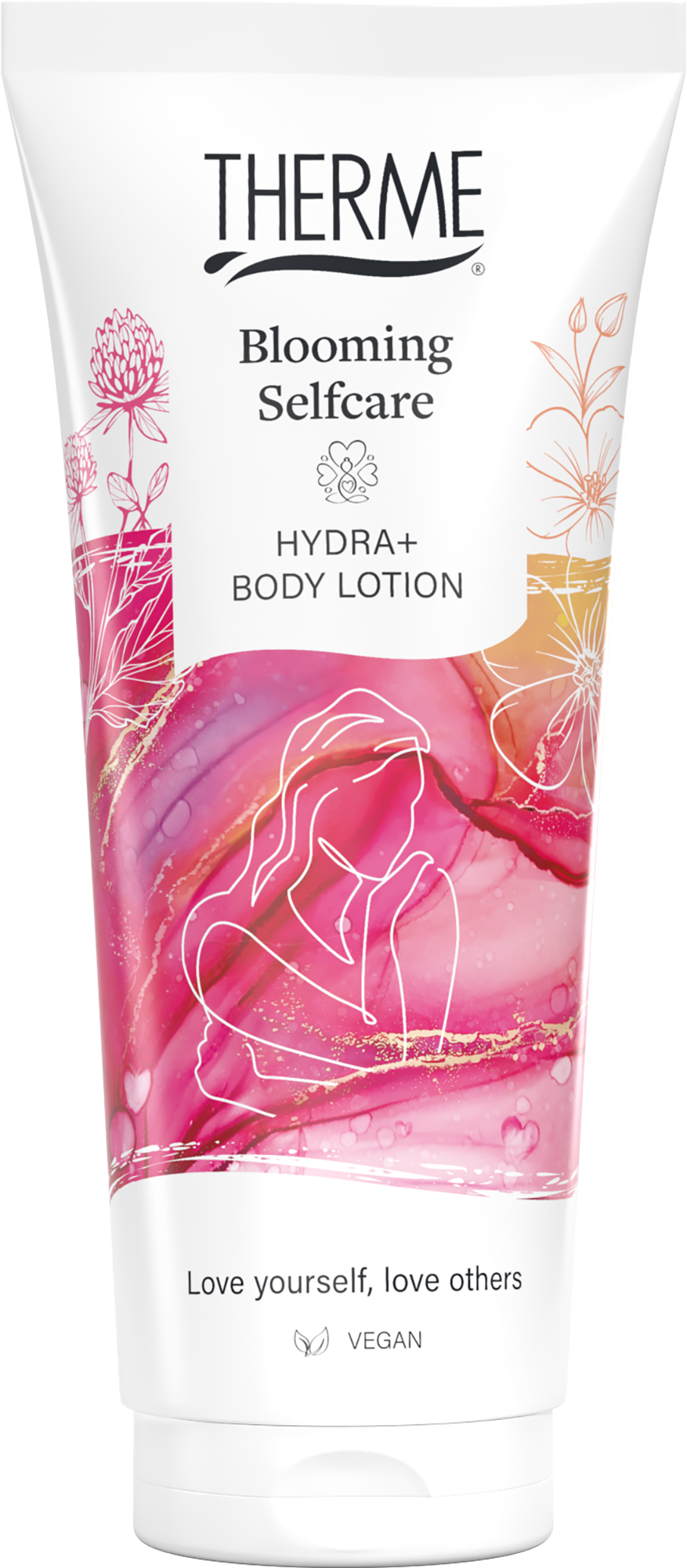 Therme Blooming self-care body lotion in 200ml bottle, featuring floral label and pump dispenser for moisturizing skin.