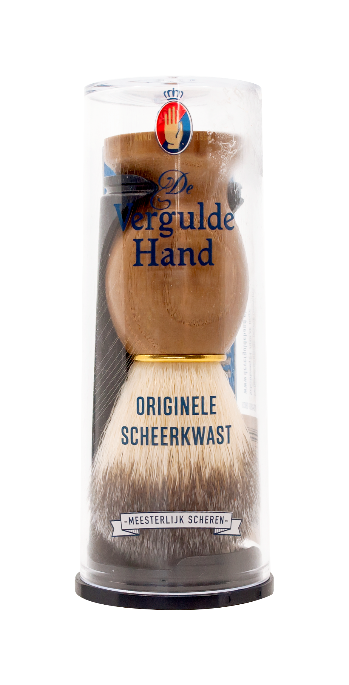 Vergulde Hand scheerkwast, gouden scheerborstel voor scheerinstrumenten, close-up van de gouden handvaten en zachte haren.