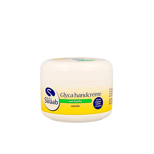 Dr. Swaab Handcreme with glyca met kamfer, 100ml, a nourishing hand care product in a white tube with blue cap.